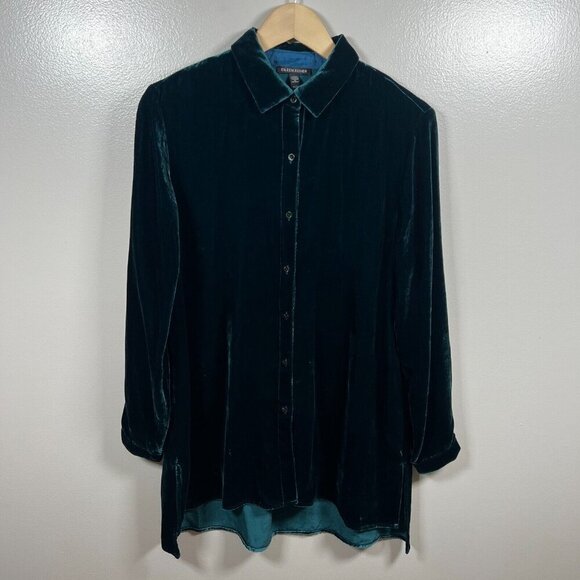 Eileen Fisher Velvet Classic Collar Long Shirt Size XS Silk Blend Tunic Green - Picture 1 of 9